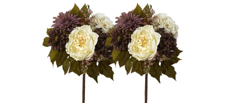 16in. Peony, Hydrangea and Dahlia Artificial Flower Bouquet (Set of 2) in Purple/Cream by Bellanest