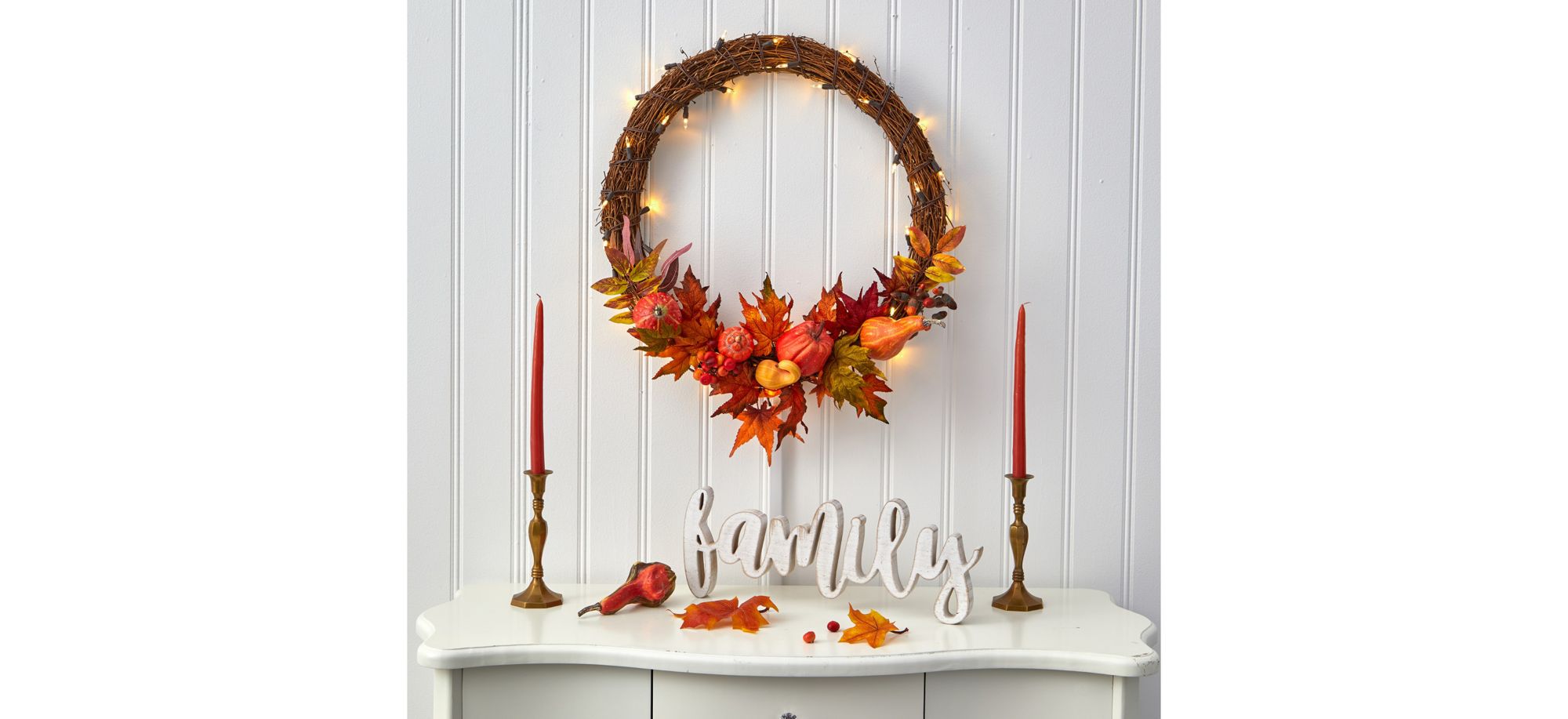 22in. Pre-Lit Pumpkin and Maple Artificial Autumn Wreath in Orange by Bellanest