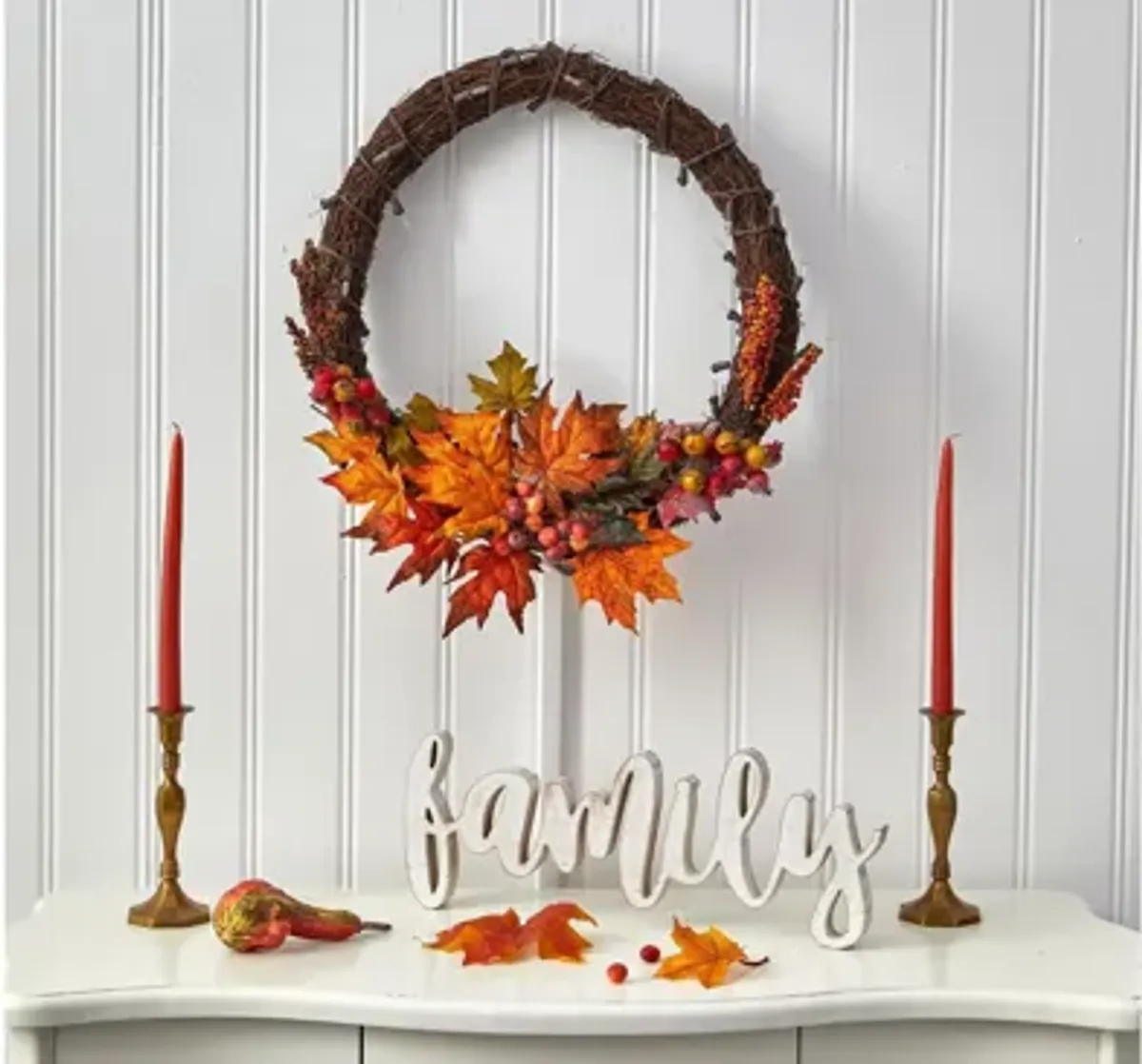 21in. Pre-Lit Maple Leaf and Berries Artificial Wreath