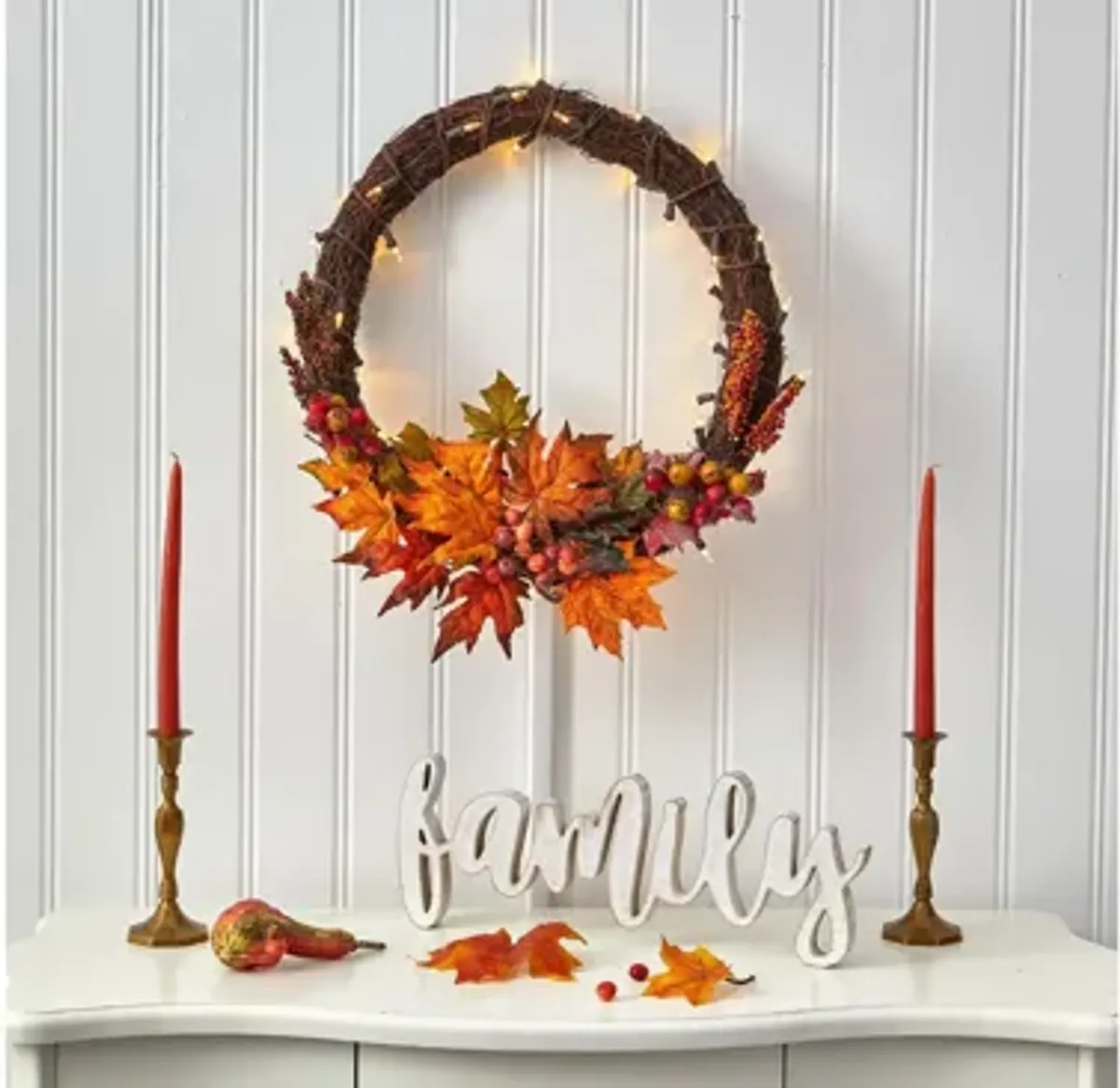 21in. Pre-Lit Maple Leaf and Berries Artificial Wreath