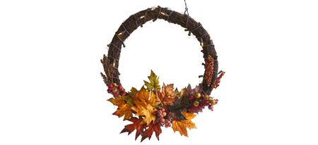21in. Pre-Lit Maple Leaf and Berries Artificial Wreath in Orange by Bellanest