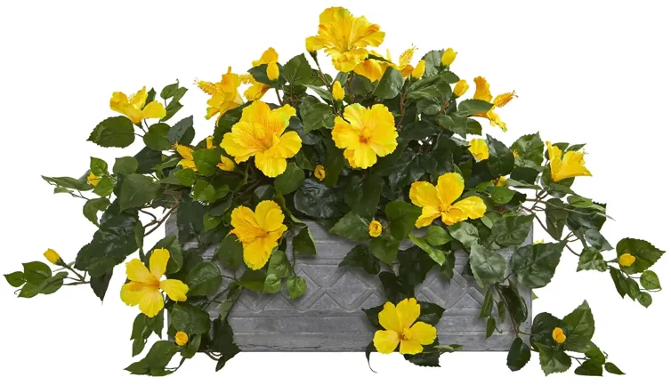 Hibiscus Artificial Plant in Stone Planter in Yellow by Bellanest