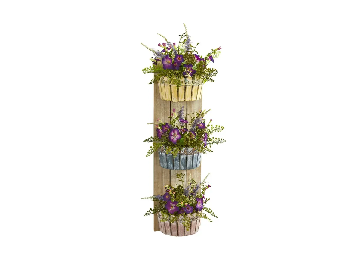 39in. Morning Glory Artificial Arrangement in Three-Tiered Wall Planter in Purple by Bellanest