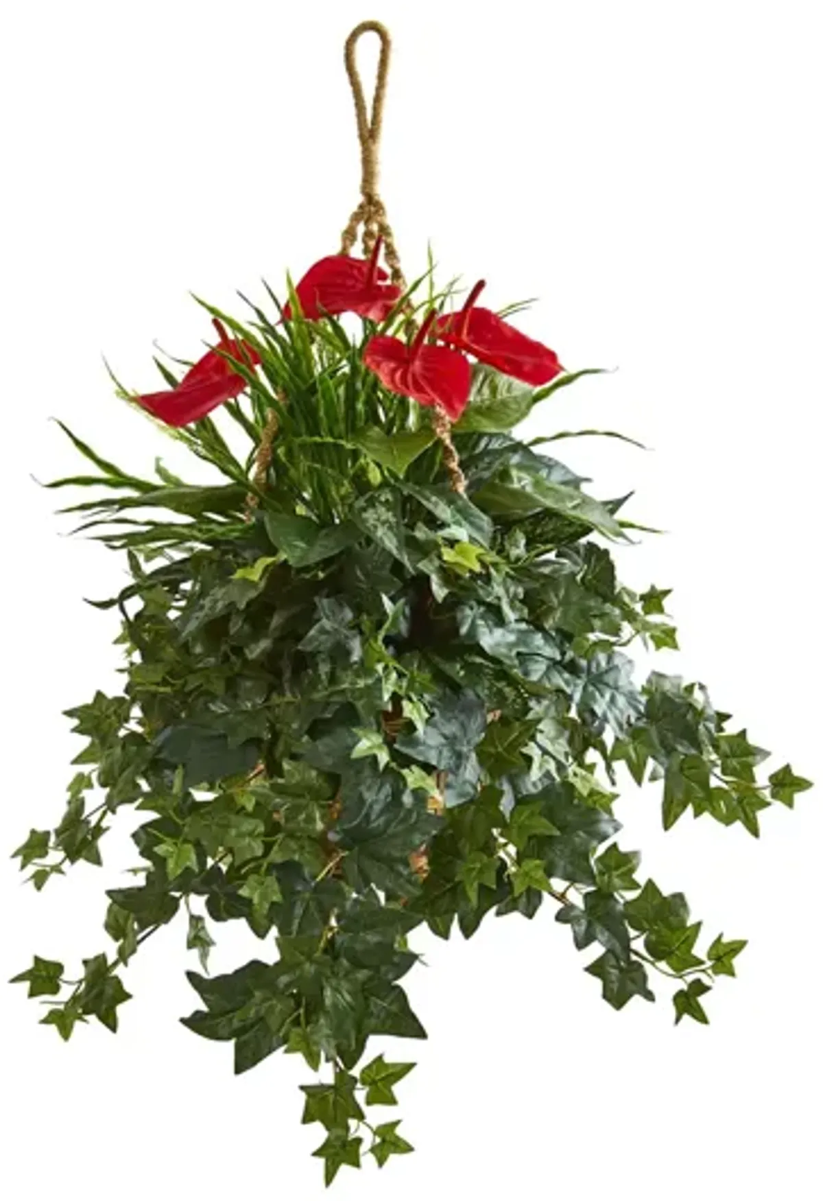 31in. Mixed Anthurium Artificial Plant in Hanging Basket in Green by Bellanest