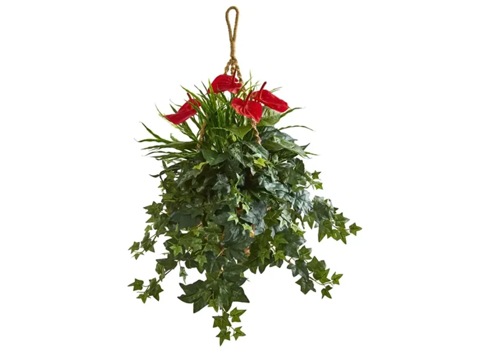 31in. Mixed Anthurium Artificial Plant in Hanging Basket in Green by Bellanest