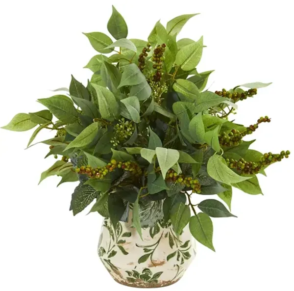 Mixed Ficus, Fittonia and Berries Artificial Plant in Floral Vase