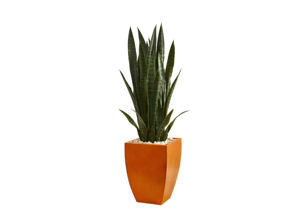 4ft. Sansevieria Artificial Plant in Orange Planter in Green by Bellanest