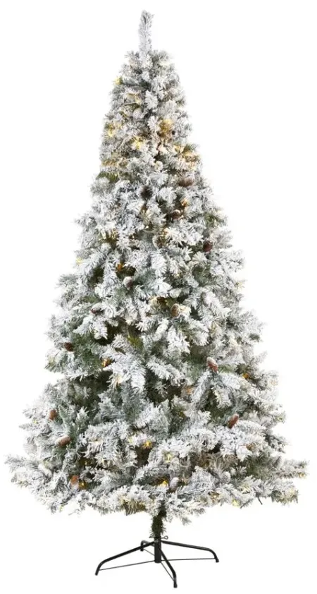8ft. Pre-Lit Flocked White River Mountain Pine Artificial Christmas Tree in Green by Bellanest