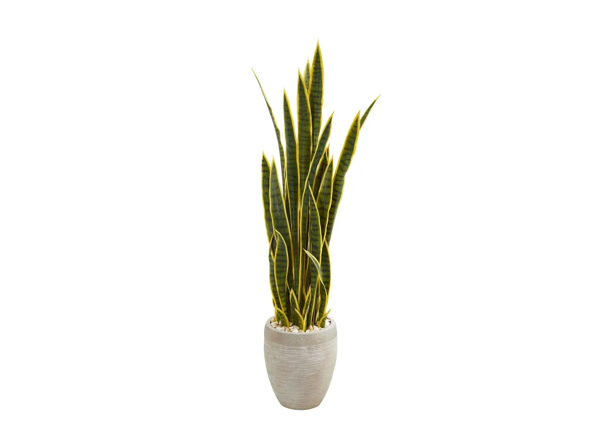 52in. Sansevieria Artificial Plant in Sand Planter in Green by Bellanest