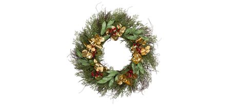 20in. Cedar, Ruscus, Berries and Golden Eucalyptus Artificial Wreath in Green by Bellanest