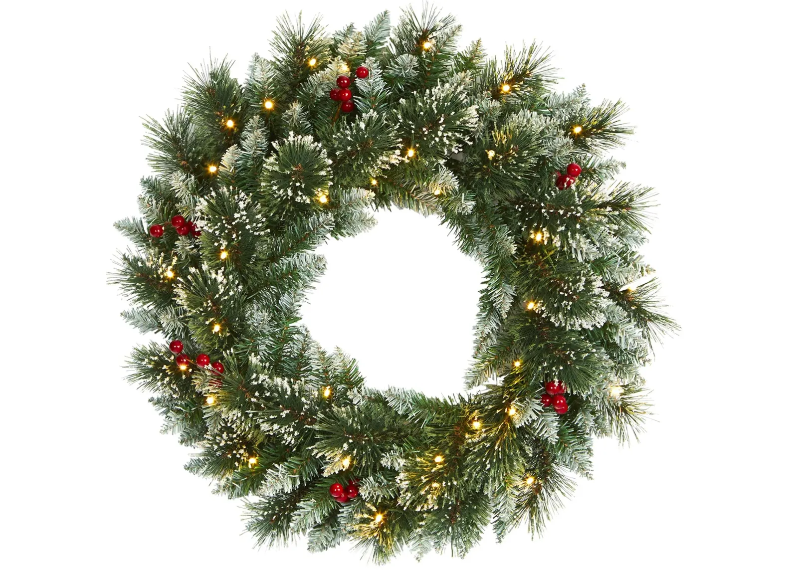 24in. Pre-Lit Frosted Swiss Pine Artificial Wreath in Green