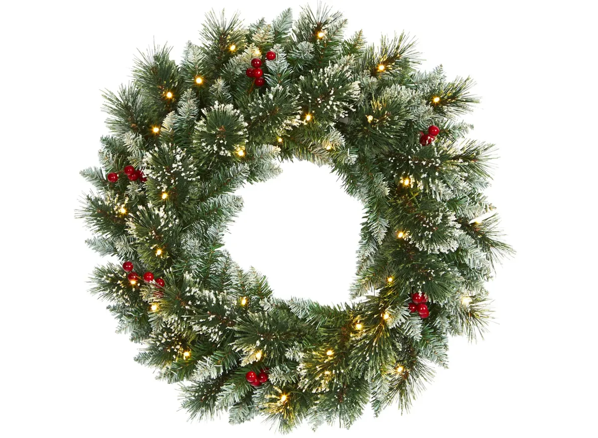 24in. Pre-Lit Frosted Swiss Pine Artificial Wreath in Green