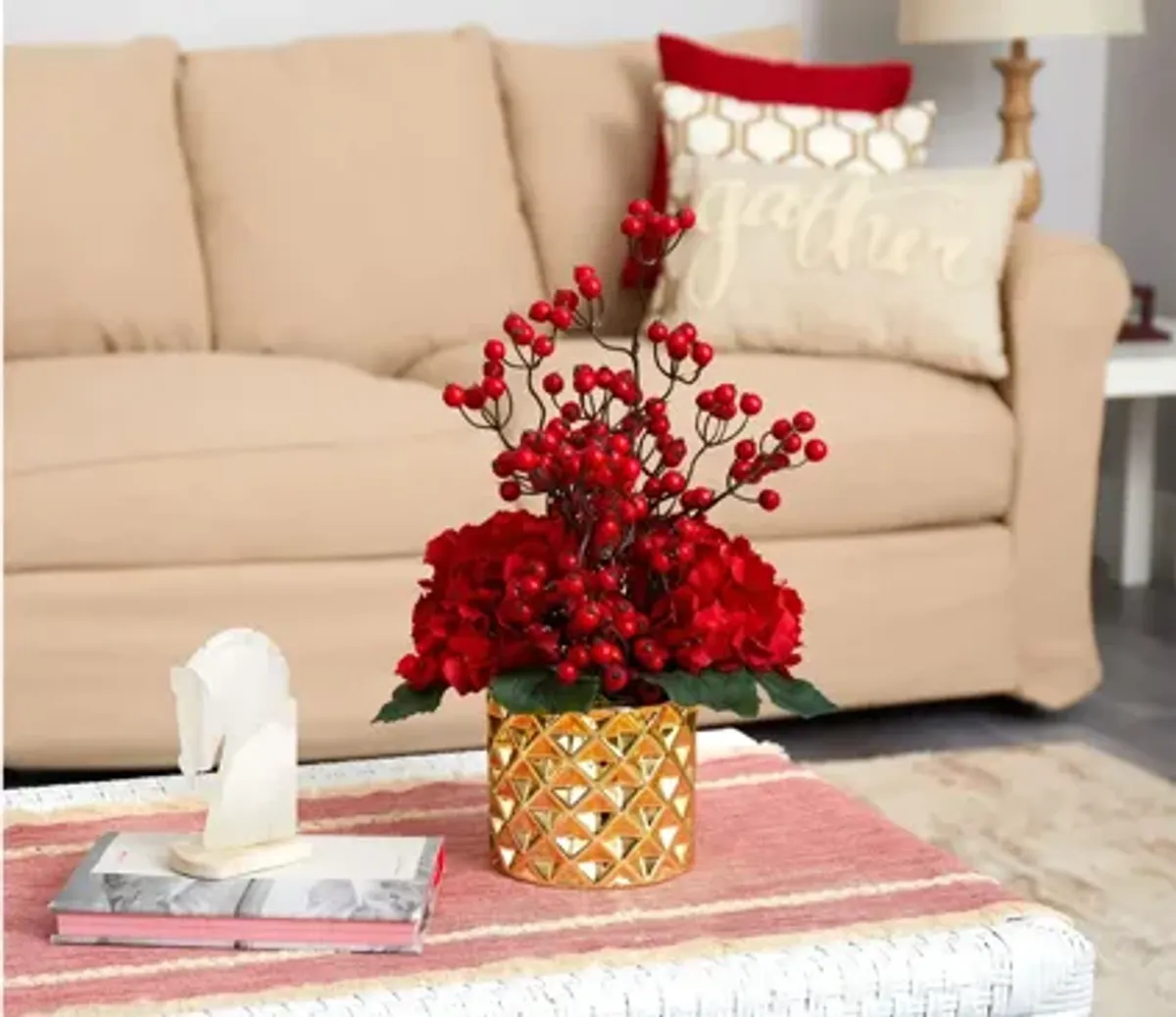 Hydrangea and Berries Artificial Arrangement in Gold Vase