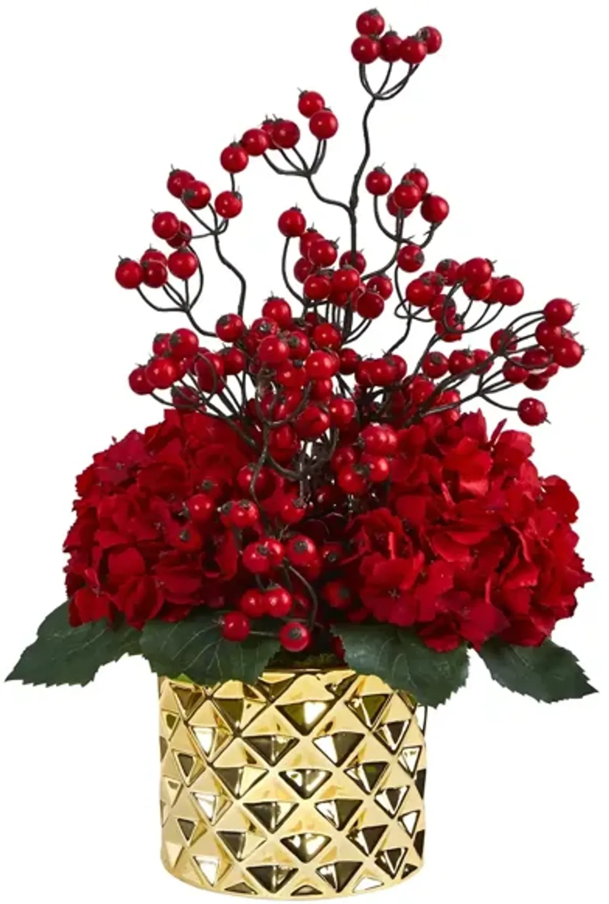 Hydrangea and Berries Artificial Arrangement in Gold Vase