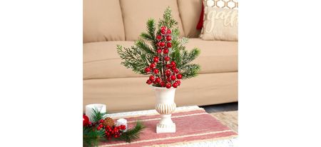 Iced Pine and Berries Artificial Arrangement in White Urn in Red/Green by Bellanest