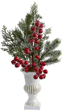 Iced Pine and Berries Artificial Arrangement in White Urn in Red/Green by Bellanest