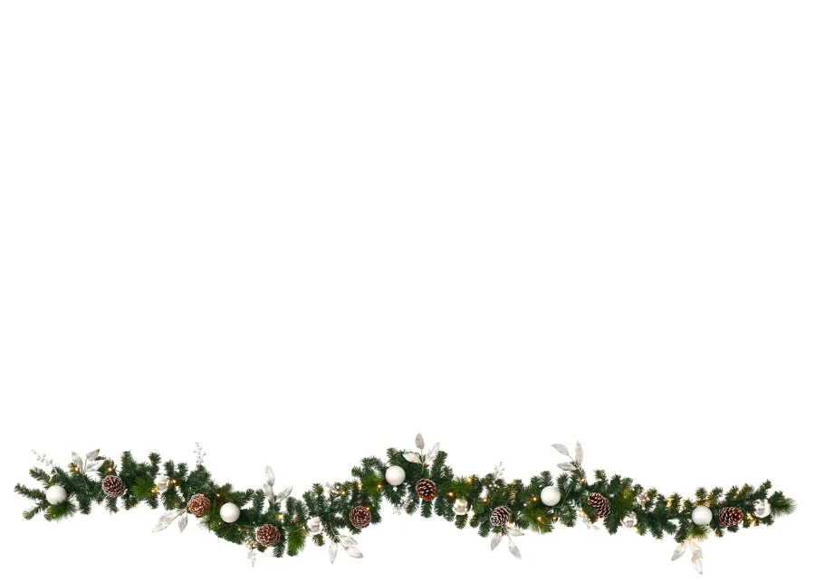 9ft. Ornament and Pinecone Artificial Christmas Garland with 50 Clear LED Lights in Green by Bellanest