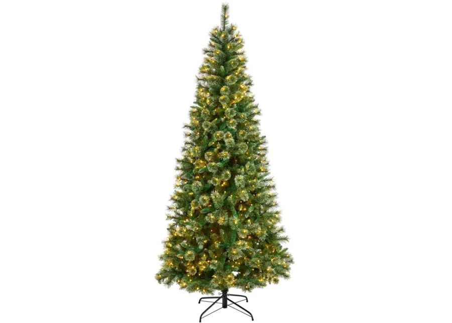 8' Wisconsin Slim Snow Tip Artificial Christmas Tree with Clear LED Lights and Bendable Branches in Green by Bellanest