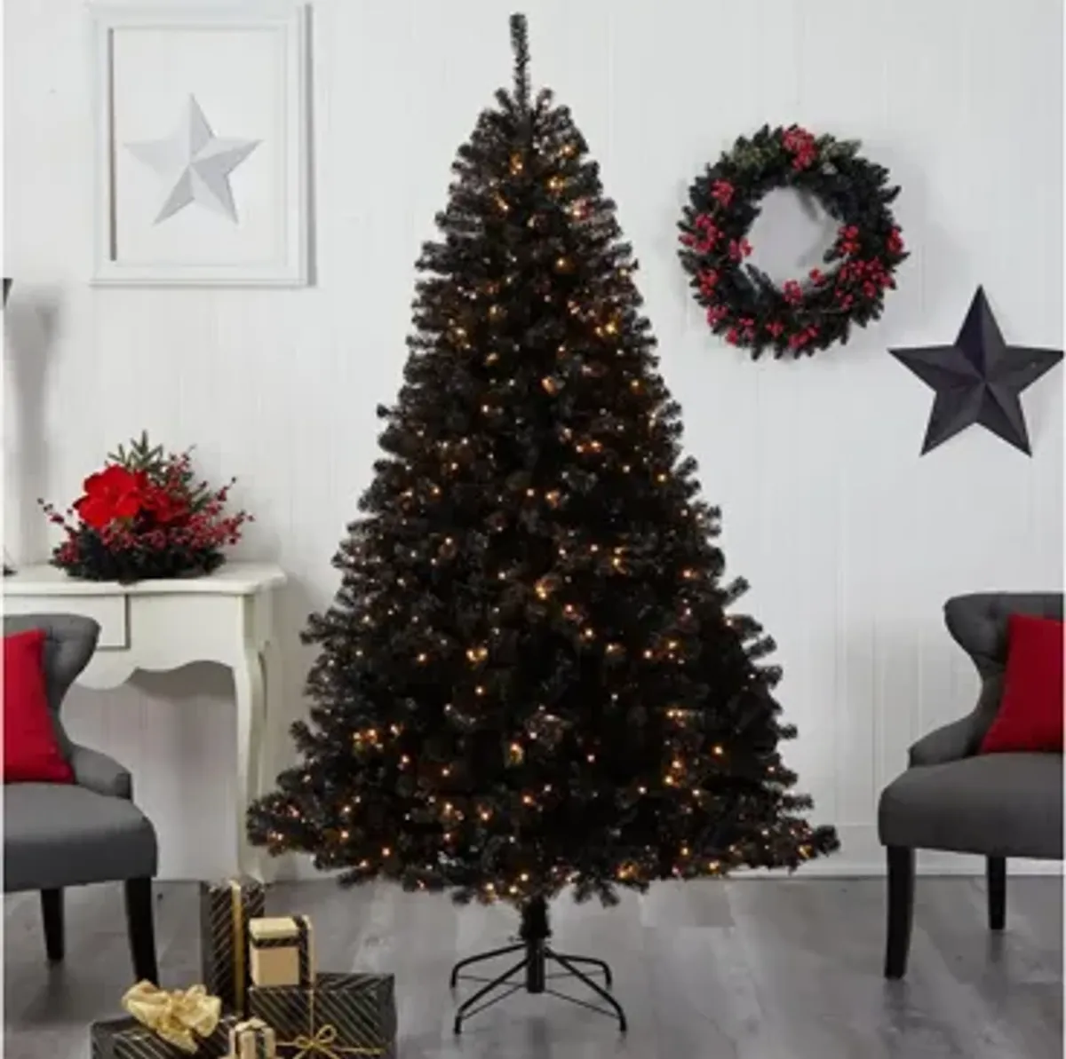 7' Black Artificial Tree with Clear LED Lights