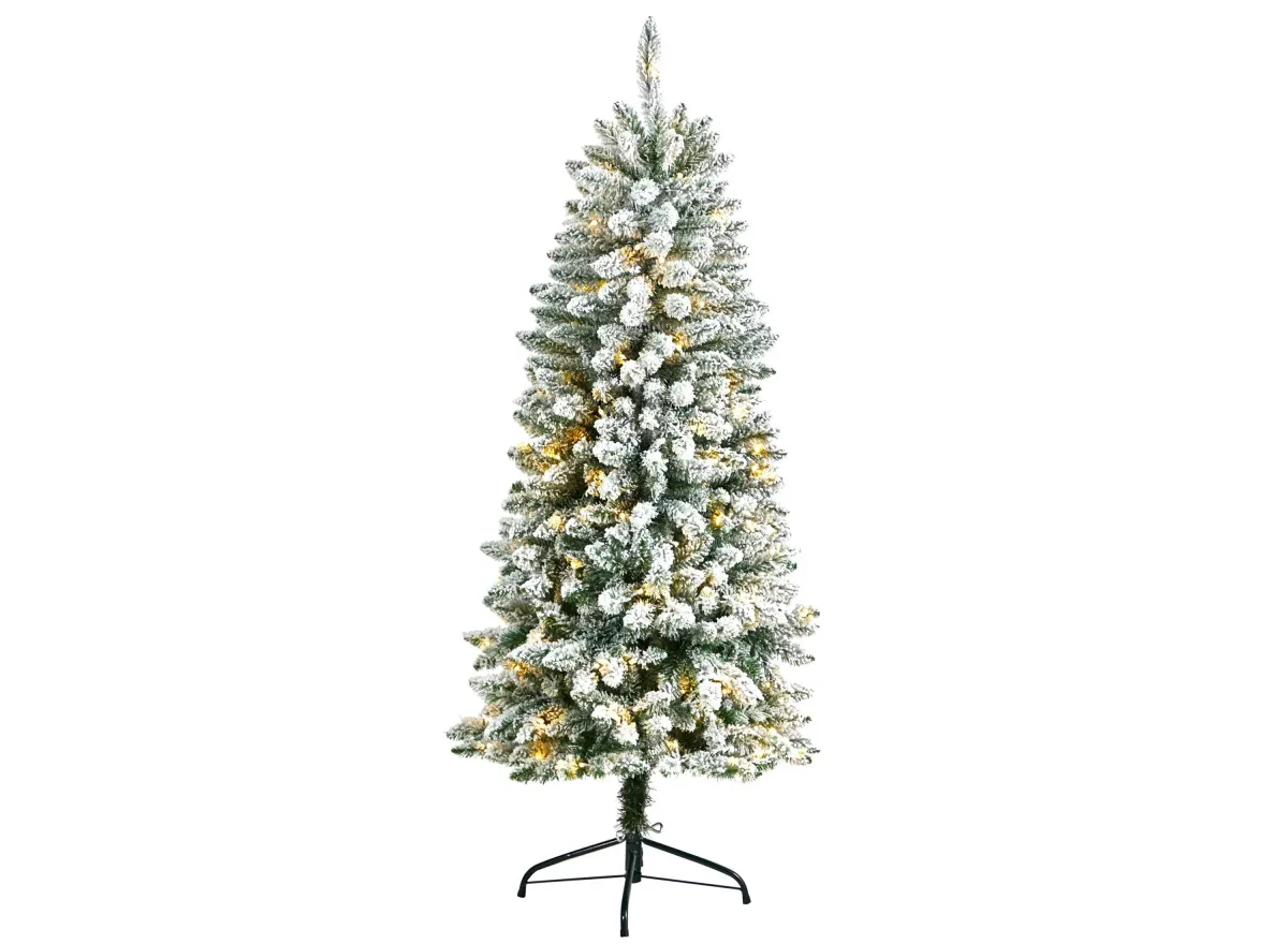 5' Slim Flocked Fir Artificial Christmas Tree with Warm White LED Lights and Bendable Branches in Green by Bellanest