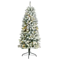 5' Slim Flocked Fir Artificial Christmas Tree with Warm White LED Lights and Bendable Branches in Green by Bellanest