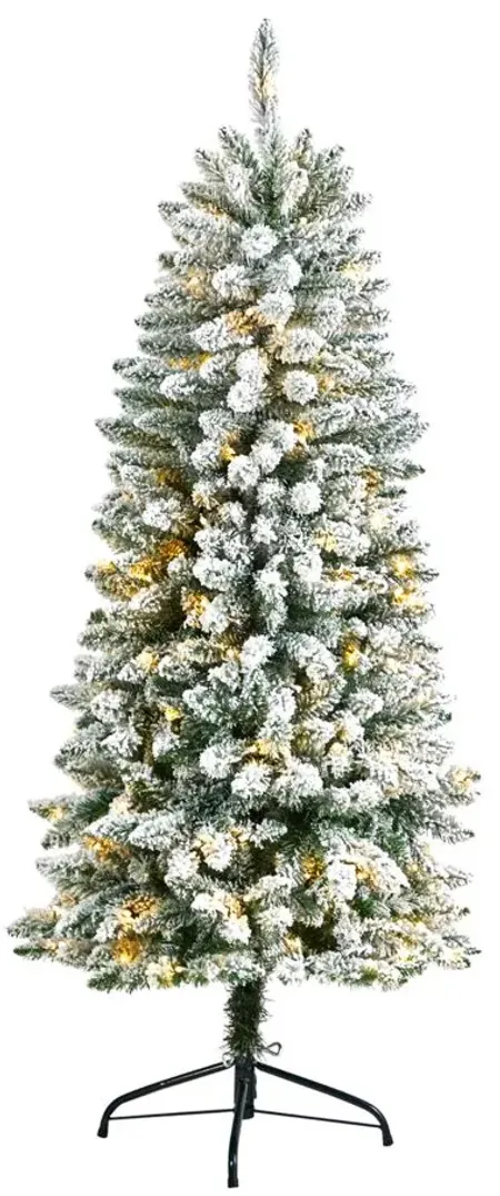 5' Slim Flocked Fir Artificial Christmas Tree with Warm White LED Lights and Bendable Branches in Green by Bellanest