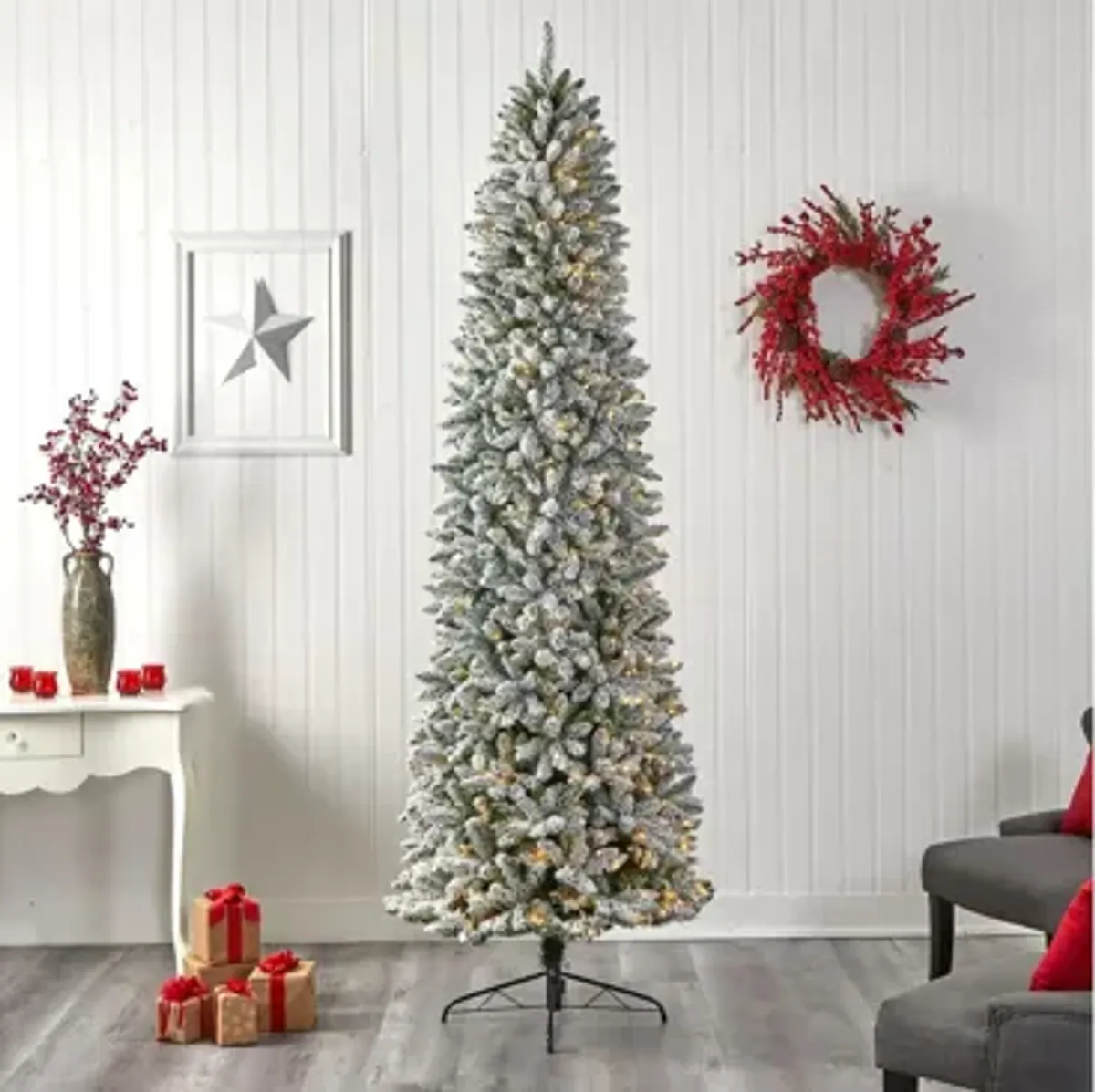 9' Slim Flocked Fir Artificial Christmas Tree with Warm White LED Lights and Bendable Branches