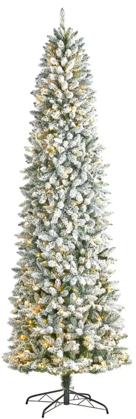 9' Slim Flocked Fir Artificial Christmas Tree with Warm White LED Lights and Bendable Branches in Green by Bellanest