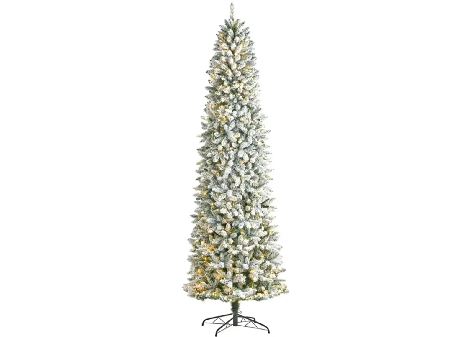 9' Slim Flocked Fir Artificial Christmas Tree with Warm White LED Lights and Bendable Branches in Green by Bellanest