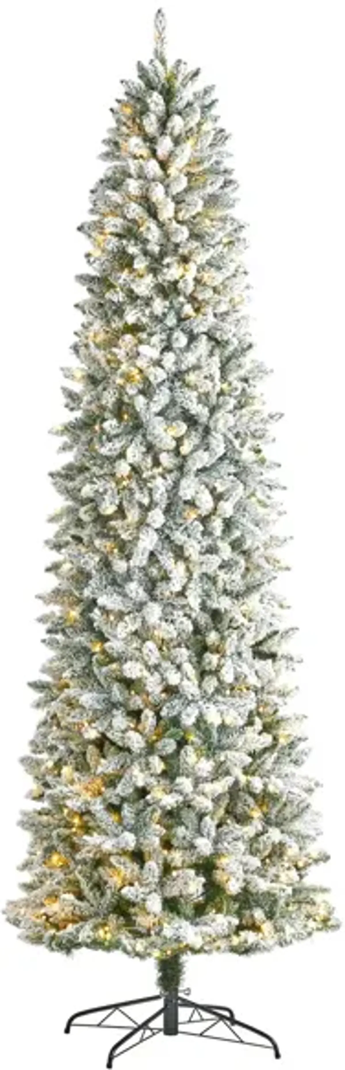 9' Slim Flocked Fir Artificial Christmas Tree with Warm White LED Lights and Bendable Branches