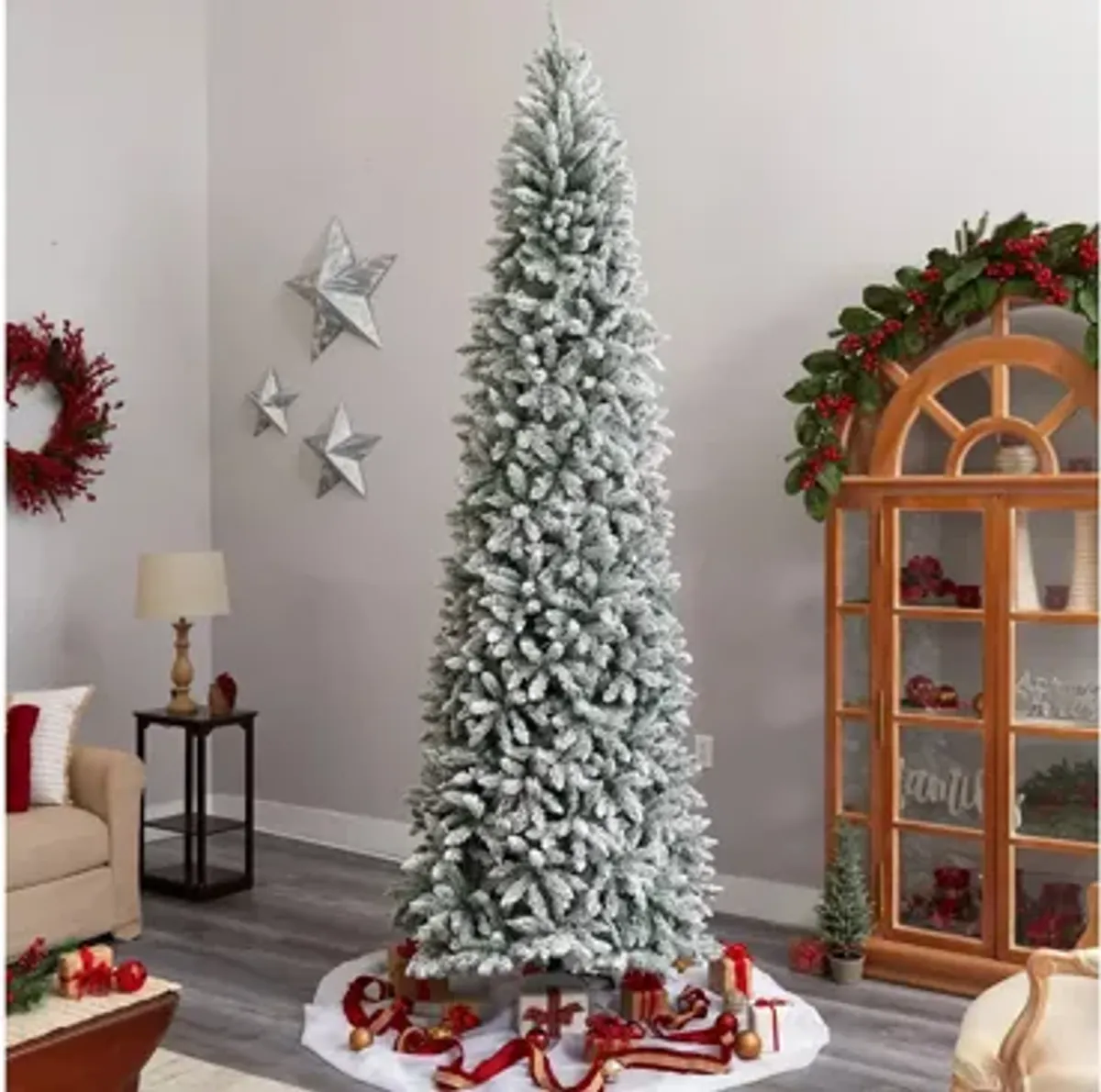 10' Slim Flocked Fir Artificial Christmas Tree with Warm White LED Lights and Bendable Branches