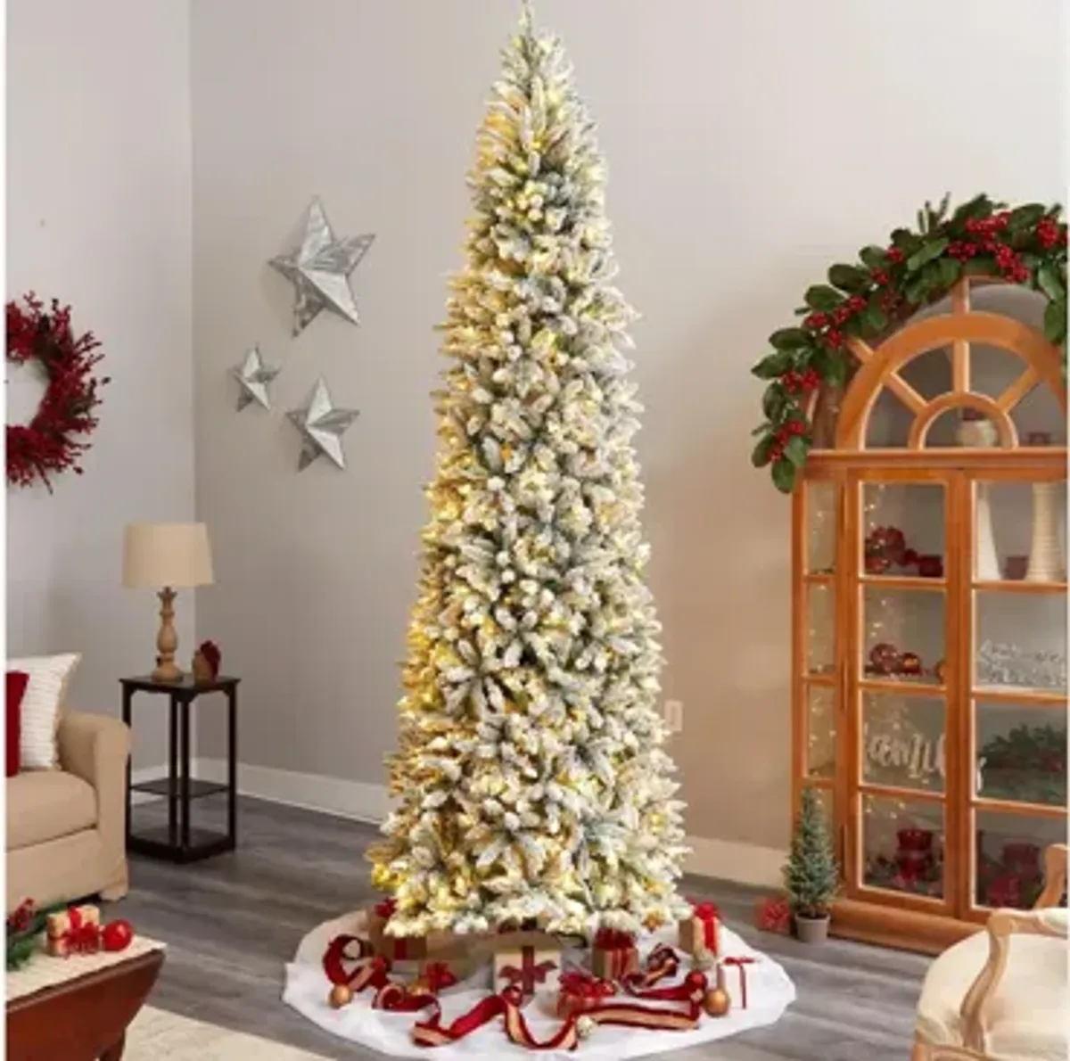 10' Slim Flocked Fir Artificial Christmas Tree with Warm White LED Lights and Bendable Branches