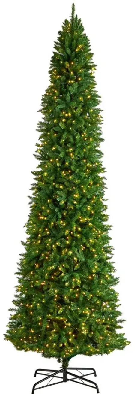 12' Slim Green Mountain Pine Artificial Christmas Tree with Clear LED Lights in Green by Bellanest