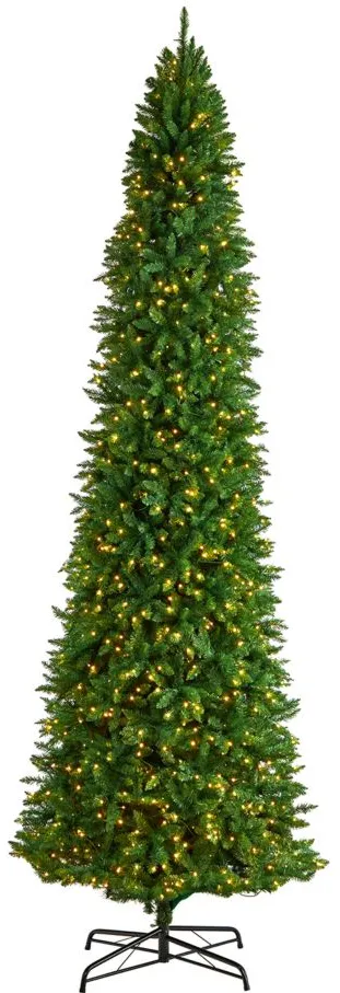 12' Slim Green Mountain Pine Artificial Christmas Tree with Clear LED Lights in Green by Bellanest