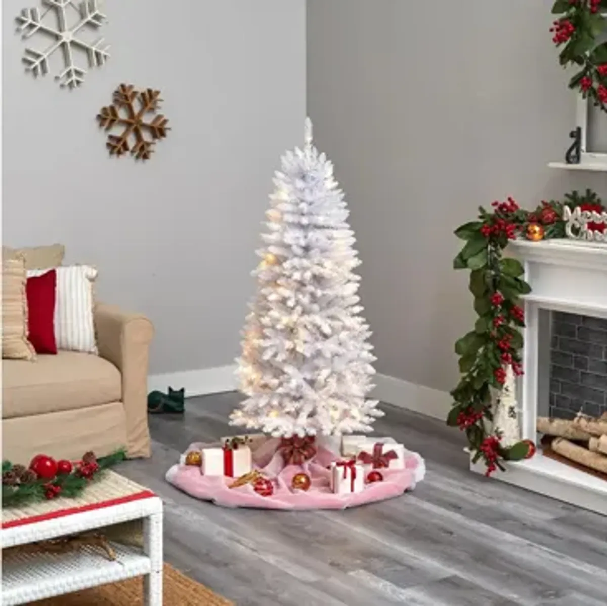 5' Slim White Artificial Christmas Tree with Warm White LED Lights and Bendable Branches