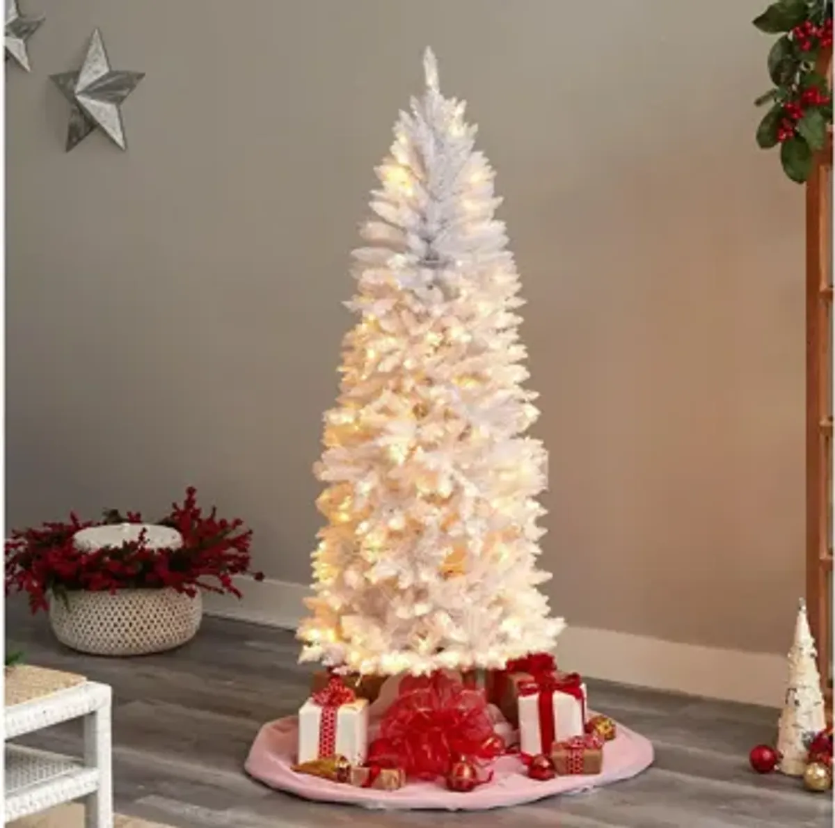 6' Slim White Artificial Christmas Tree with Warm White LED Lights and Bendable Branches