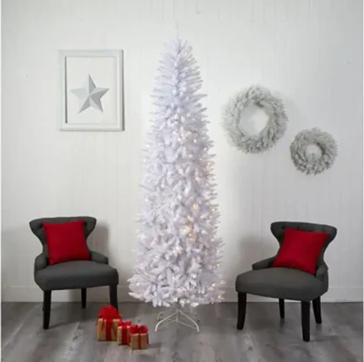 8' Slim White Artificial Christmas Tree with Warm White LED Lights and Bendable Branches