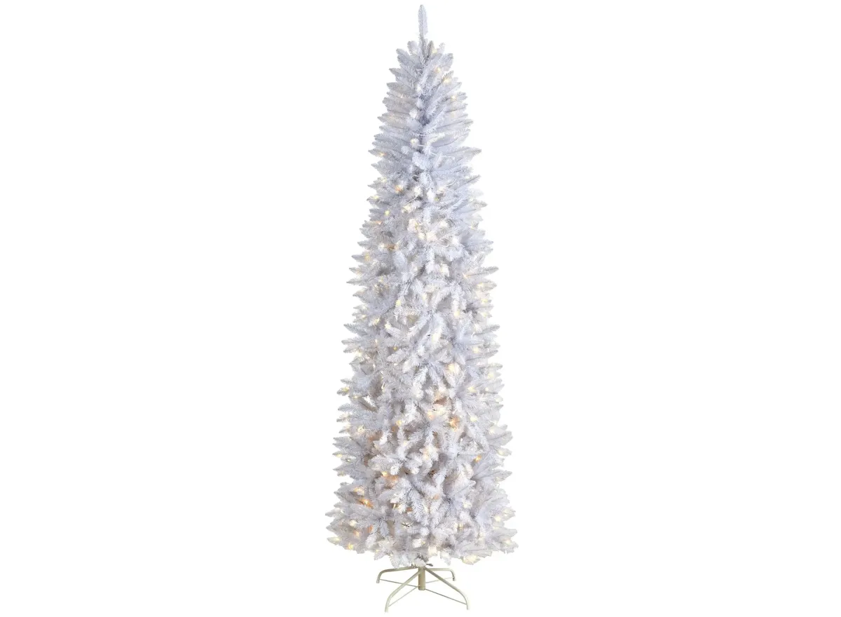 8' Slim White Artificial Christmas Tree with Warm White LED Lights and Bendable Branches in White by Bellanest