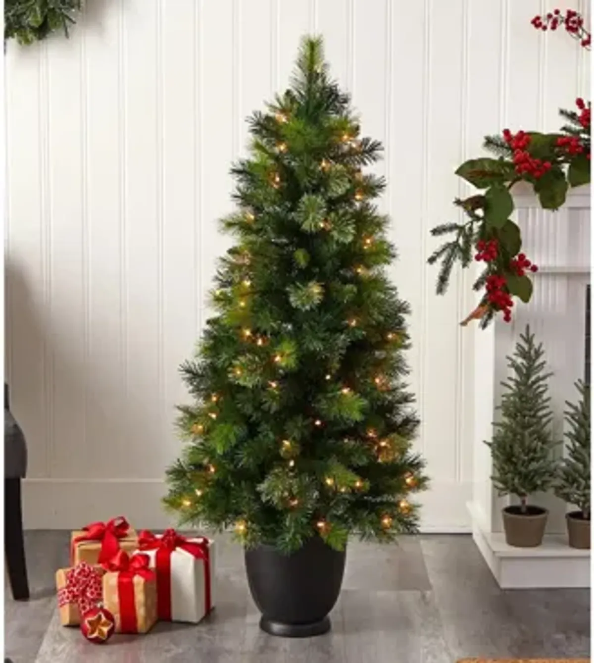 4.5' Oregon Pine Artificial Christmas Tree in Planter with Bendable Branches and Warm White Lights