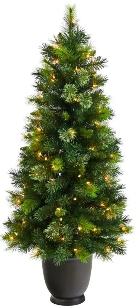 4.5' Oregon Pine Artificial Christmas Tree in Planter with Bendable Branches and Warm White Lights in Green by Bellanest