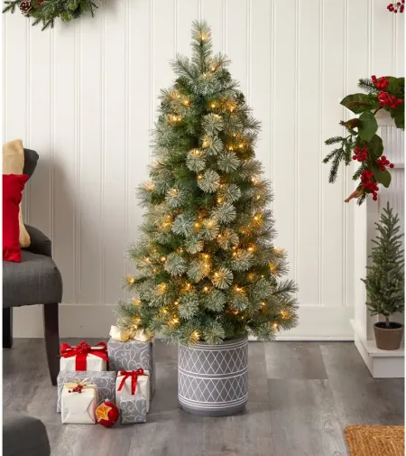 4.5' Pine Artificial Christmas Tree in Planter with Bendable Branches and Warm White LED Lights in Green by Bellanest