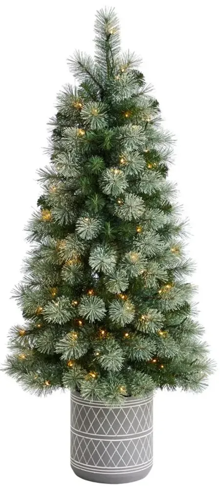 4.5' Pine Artificial Christmas Tree in Planter with Bendable Branches and Warm White LED Lights in Green by Bellanest