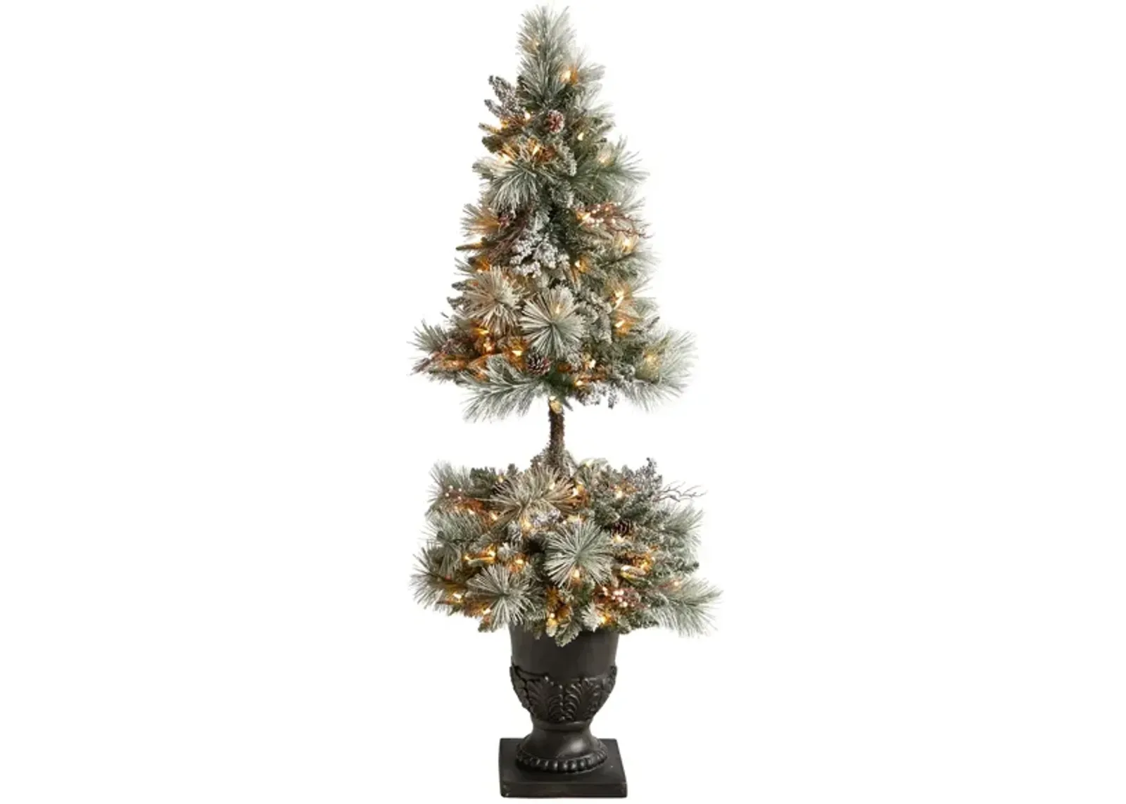 5' Flocked Artificial Porch Christmas Tree with LED Lights and Bendable Branches in Decorative Urn in Green by Bellanest