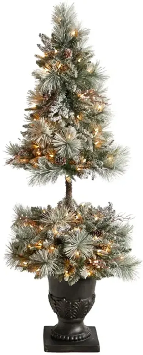 5' Flocked Artificial Porch Christmas Tree with LED Lights and Bendable Branches in Decorative Urn