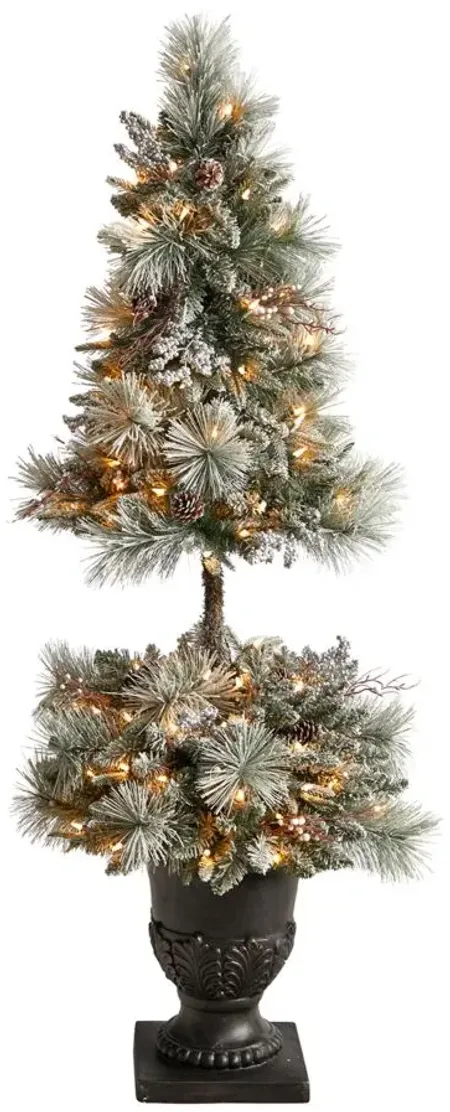 5' Flocked Artificial Porch Christmas Tree with LED Lights and Bendable Branches in Decorative Urn in Green by Bellanest