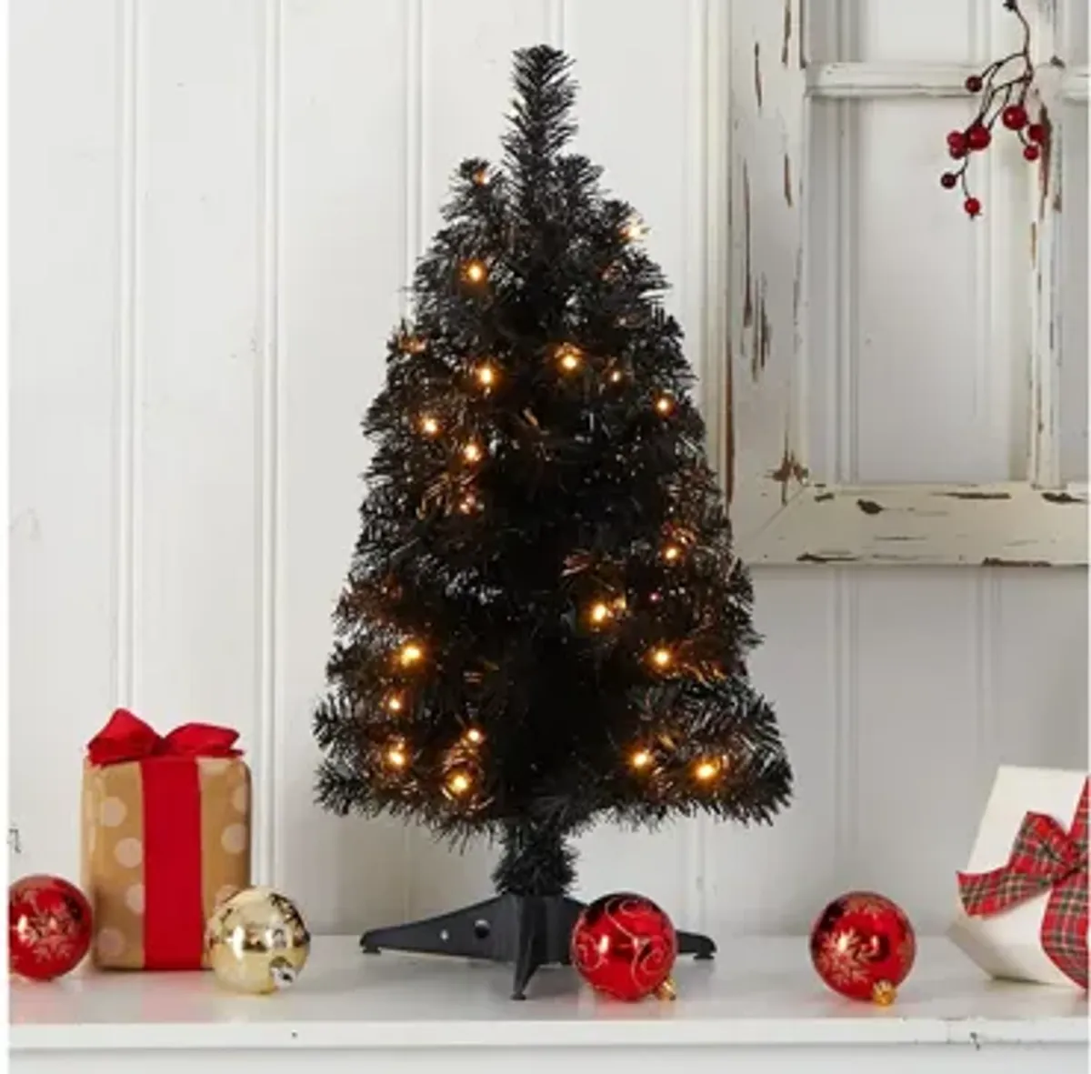 2' Black Artificial Tree with LED Lights and Bendable Branches