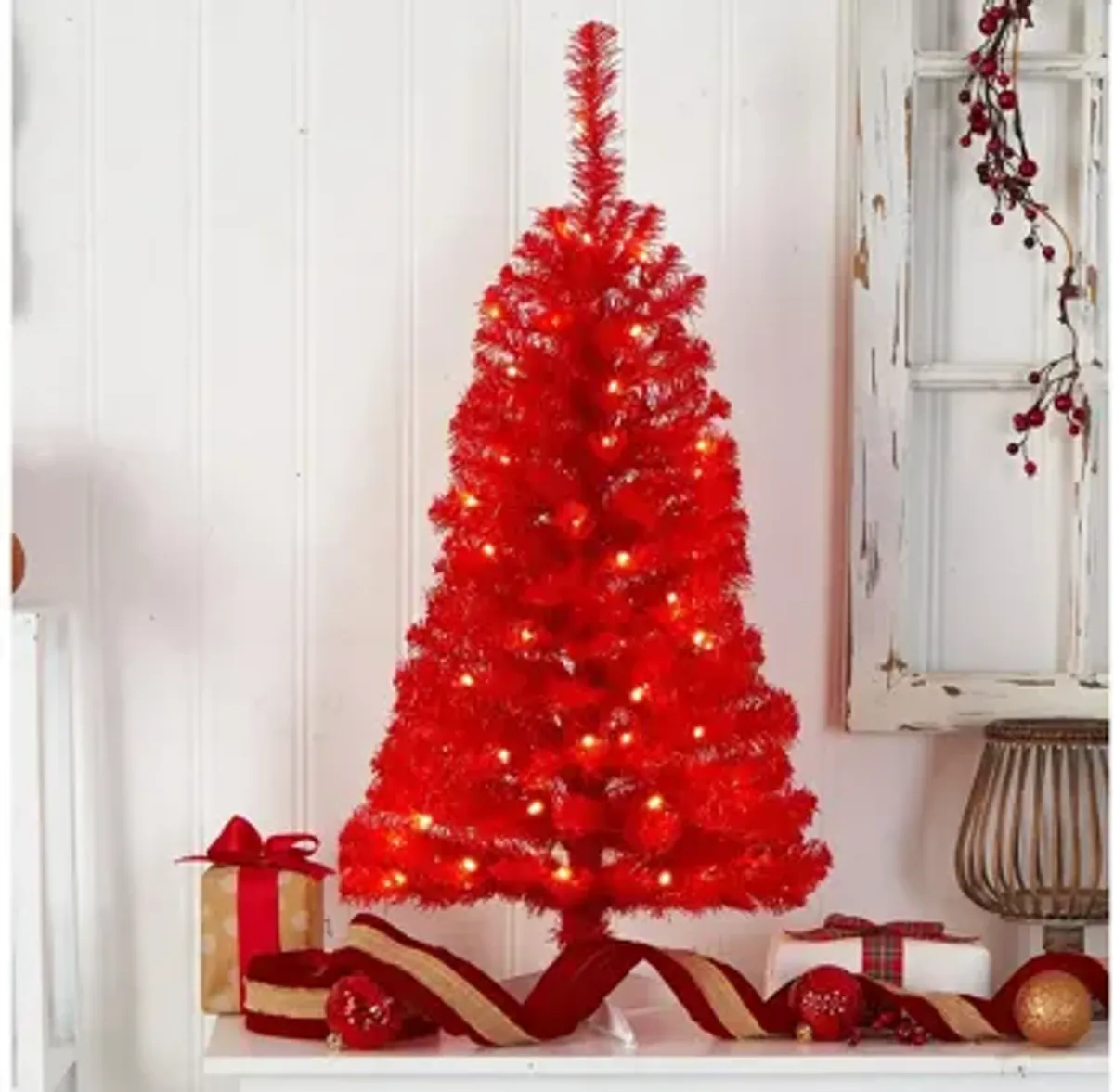 3' Red Artificial Tree with LED Lights and Bendable Branches