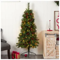 5' Flat Back Pine Artificial Christmas Tree with White LED Lights and Bendable Branches