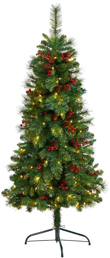 5' Flat Back Pine Artificial Christmas Tree with White LED Lights and Bendable Branches in Green by Bellanest