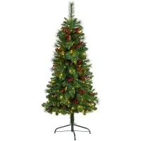 5' Flat Back Pine Artificial Christmas Tree with White LED Lights and Bendable Branches